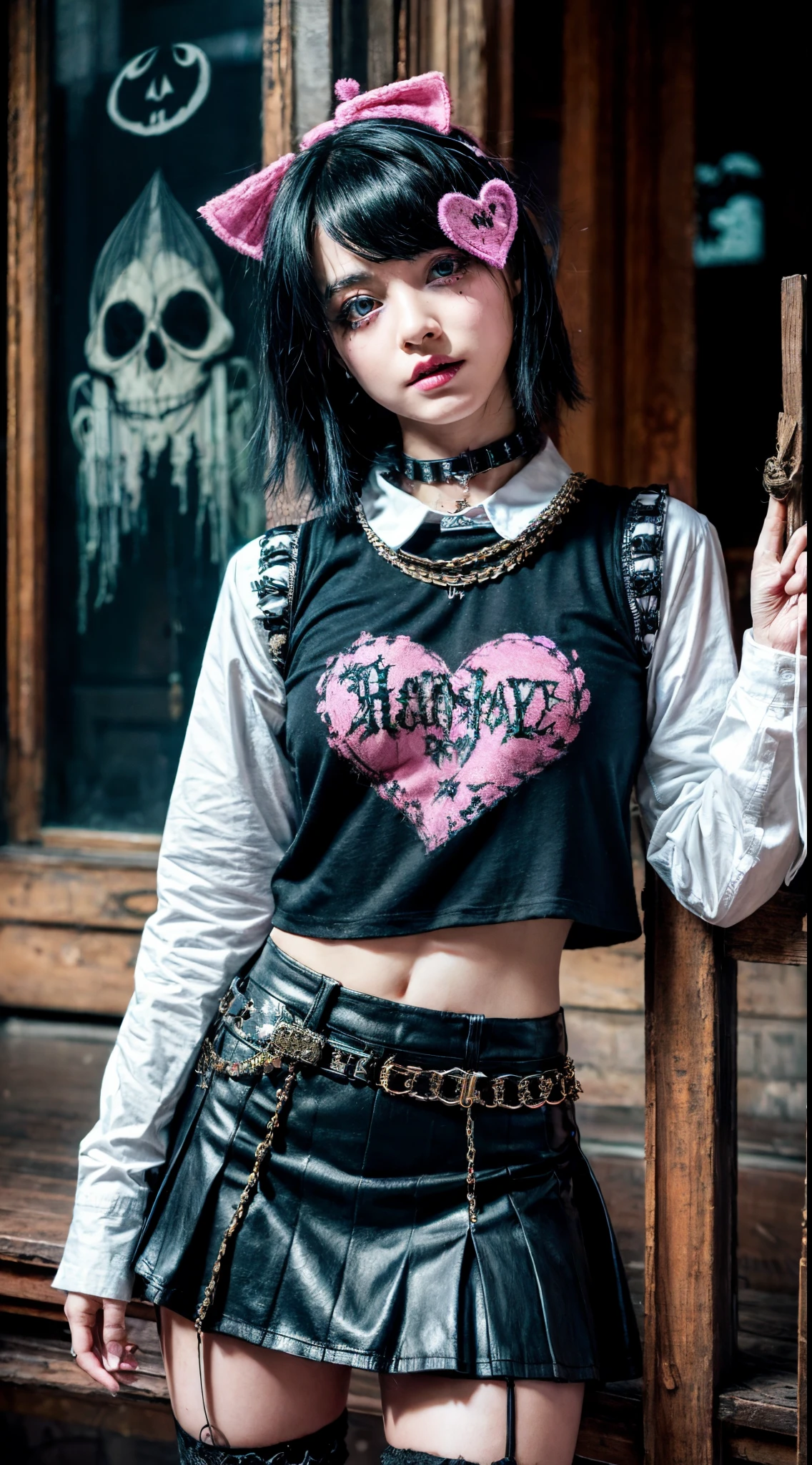 (ultra-detailed eyes), (((Textile shading))), (((best quality))), (((Table top))), (((Ultra-detailed CG))), naughty girl, (((magical ))), (), (small-sized breast), black hair, black hair, black hair, black hair, Spooky season with punk hairstyle, ((tousled hair, beautiful hair)), pink eyes, (((Spooky season in punk outfit))), ((creepy punk pose)), (((Game CG)) (beautiful, naughty, it girl), unusual jewelry, Spukhaus, dark day, strong horror season in punk atmosphere, strong Spukhaus atmosphere, Cowboy-shot, Halbtotale, Centered image, Eye on camera, Baby T-shirt with heart panel, Black pleated mini skirt, purple furry sleeves, gloves, Pastel color