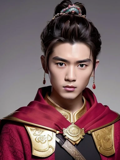 three kingdoms、Han people、Best Quality, Solo, Asian, ((Upper body:1.3))、hair in bun、hair tied、Ornament on the head、(8k、RAW Photography、top-quality、hight resolution:1.2)、(realisitic、Photorealsitic:1.37)、Chinese male、chineseidol、cape、s Armor、arma、独奏、1 boy、