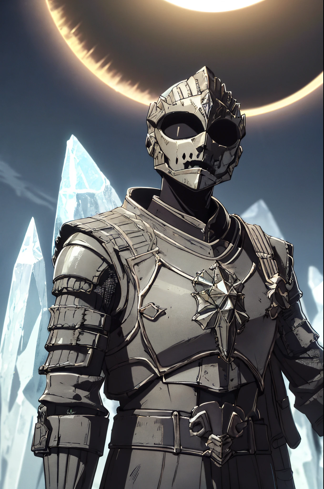 detailed, standing,upper body, helm, crystal shards fused, skinny, ashes, black solar eclipse,