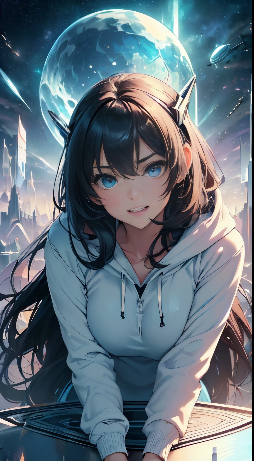 quality、image quality、masterpiece、Teenage girl((White and blue hoodie、Black dress、18 years old、 aging person、best bust、big bast,Beautiful light blue eyes, sliver long hair、A slender one,Great Valley、Reflecting the whole body、Leaning forward、Put VR goggles on your eyes、jumping posture、Excited face、play virtual reality)),high high quality、beautiful art、Background with(( Cyberworld、Cyberworld、Space World、masterpiece of the universe、depth of fields,