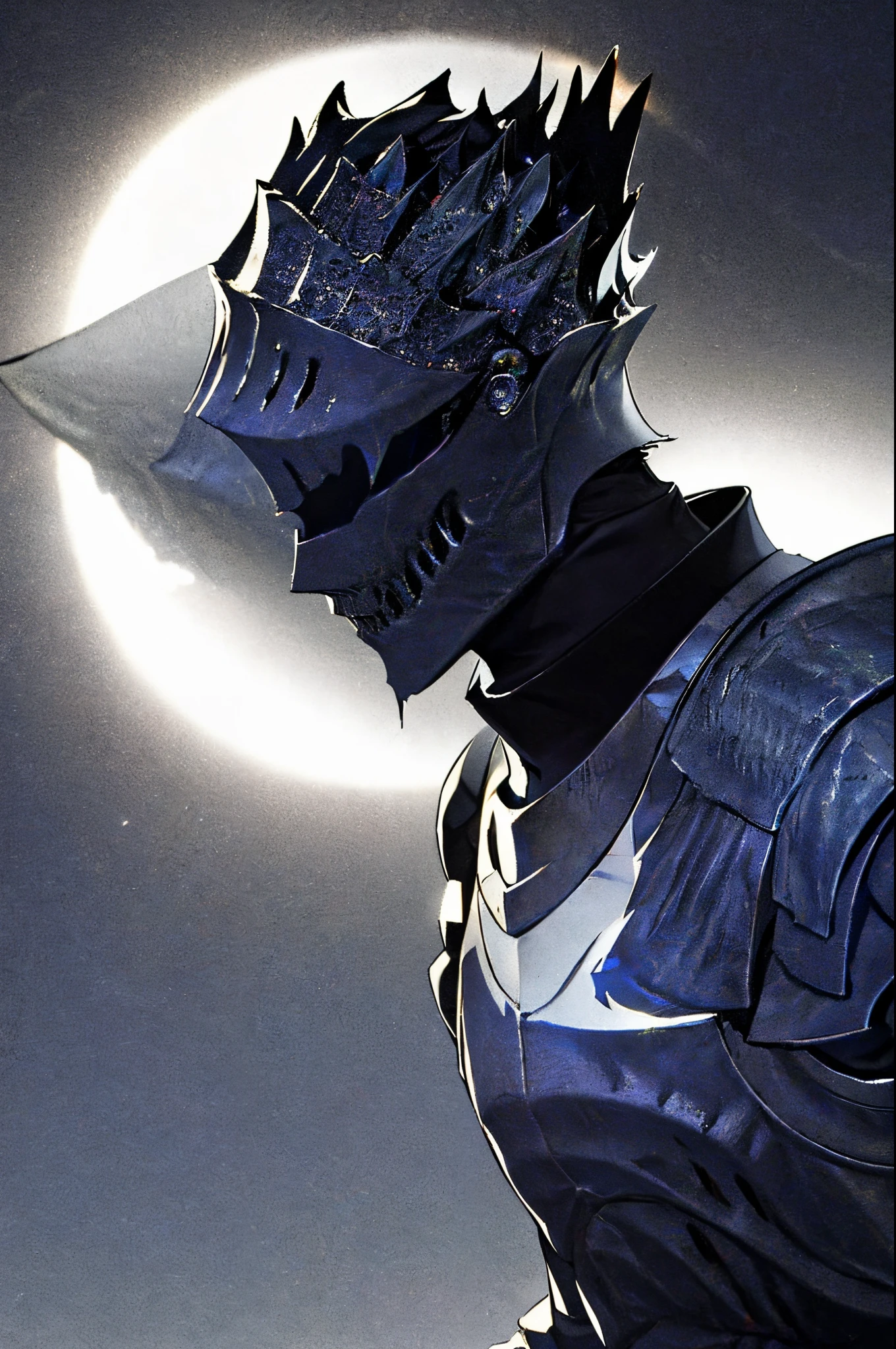 detailed, standing,upper body, helm, crystal shards fused, skinny, ashes, black solar eclipse,