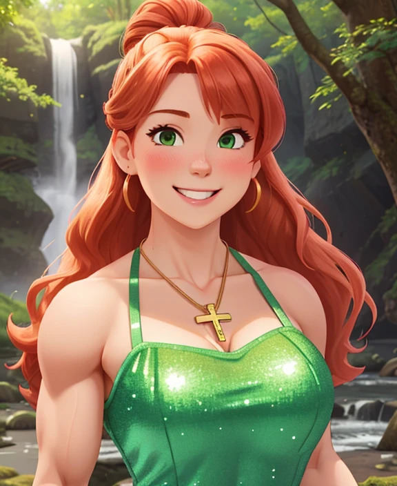 attractive welsh woman, ripped muscle, muscular body, pale skin, smile(blush), sequin sundress, cross pendant, sixpack abs, [ultra detailed skin:1.2], ginger hair, green eyes, hair bun, 8k uhd, full body, crowd, public, forest, waterfall, standing,