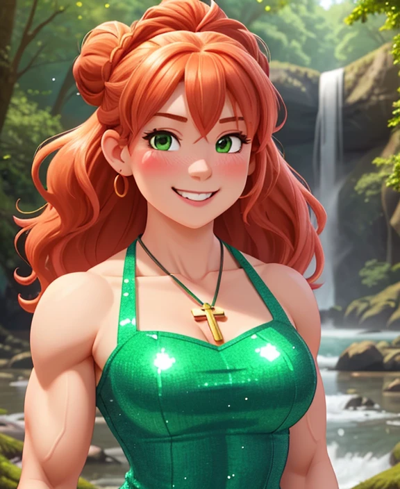 attractive welsh woman, ripped muscle, muscular body, pale skin, smile(blush), sequin sundress, cross pendant, sixpack abs, [ultra detailed skin:1.2], ginger hair, green eyes, hair bun, 8k uhd, full body, crowd, public, forest, waterfall, standing,