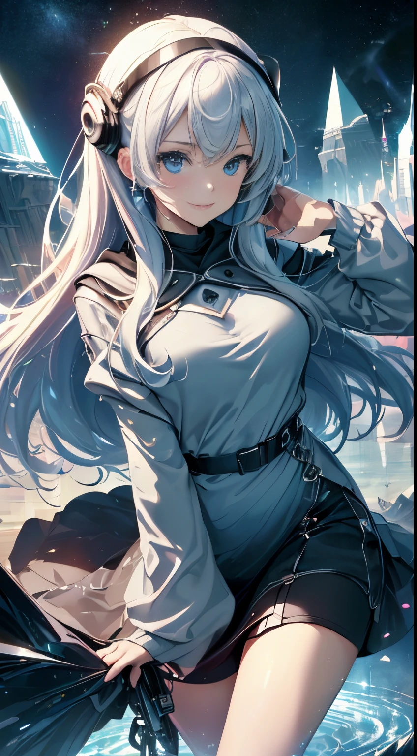 quality、image quality、masterpiece、 girl((White and blue hoodie、Black dress、18 years old、 aging person、best bust、big bast,Beautiful light blue eyes, sliver long hair、A slender one,Great Valley、Reflecting the whole body、Leaning forward、Put VR goggles on your eyes、jumping posture、Excited face、play virtual reality)),high high quality、beautiful art、Background with(( Cyberworld、Cyberworld、Space World、masterpiece of the universe、depth of fields,
