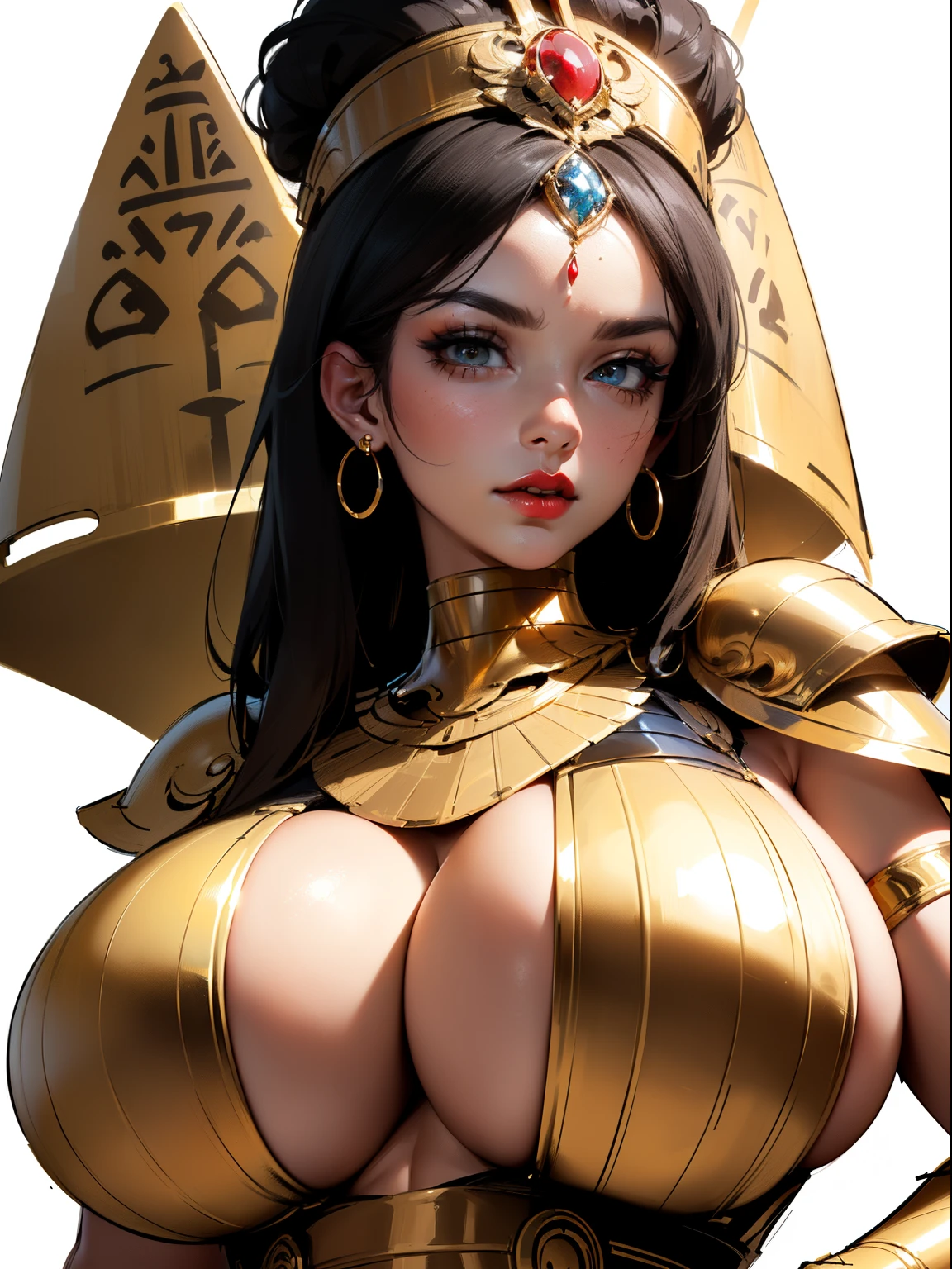 ((2d sketch:1.4)), ((Upper body view:1.4)), ((masterpiece)),(((best quality))), ((egyptian empress, mature face)), ((middle eastern eyes:1.4)), ((beige gown)), (((breastplate))), defined cheekbones, high cheekbones, illustration, muscular, ((gold:1.4)), sexy bimbo, (gigantic breasts:1.7) black hair, ((detailed face:1.4)) beautiful woman, (egyptian:1.4) (brown skin:1.4) , (red lipstick:1.4), shiny skin, ((skindentation)), scribbles and marks,(puffy lips:1.4) ,  (temple: 1.5), ( at night: 1.5), rough sketches, pose, 8k,16k, ( background, white background: 1.3) ((warm color palette)), ((future aesthetic))