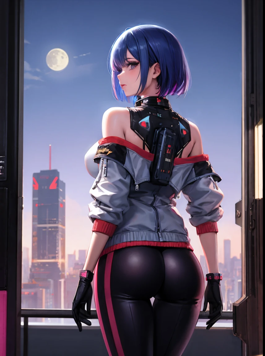 1个Giant Breast Girl, lucy \(cyber punk perssonage\), Alone, Sam, looking at viewert, jaket, cyber punk perssonage, back to look back, cropped shoulders, Tights, short detailed hair, tightsuit, 城市, view over city, of shoulders, themoon, from back, longer sleeves, White jacket, medium, Skysky, shorter pants, buliding, Open your clothes, Open jacket,cyber punk perssonage,neonlight,(cyber punk perssonage:1.2),