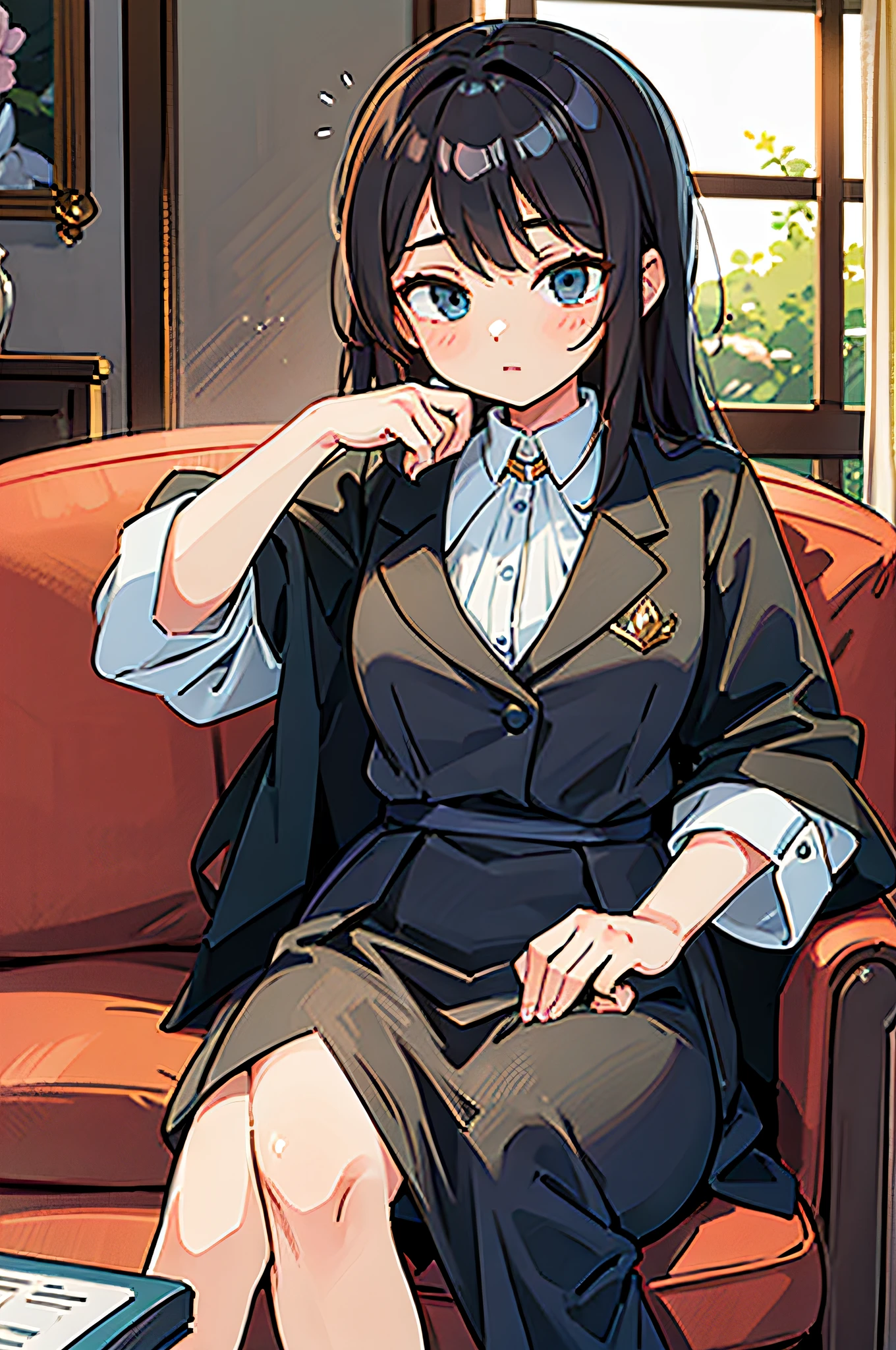 Beautiful modern lawyer sitting on sofa chair, holding code in hand, tmasterpiece, ultra - detailed, Epic work, high high quality, Best quality at best,Hand repair