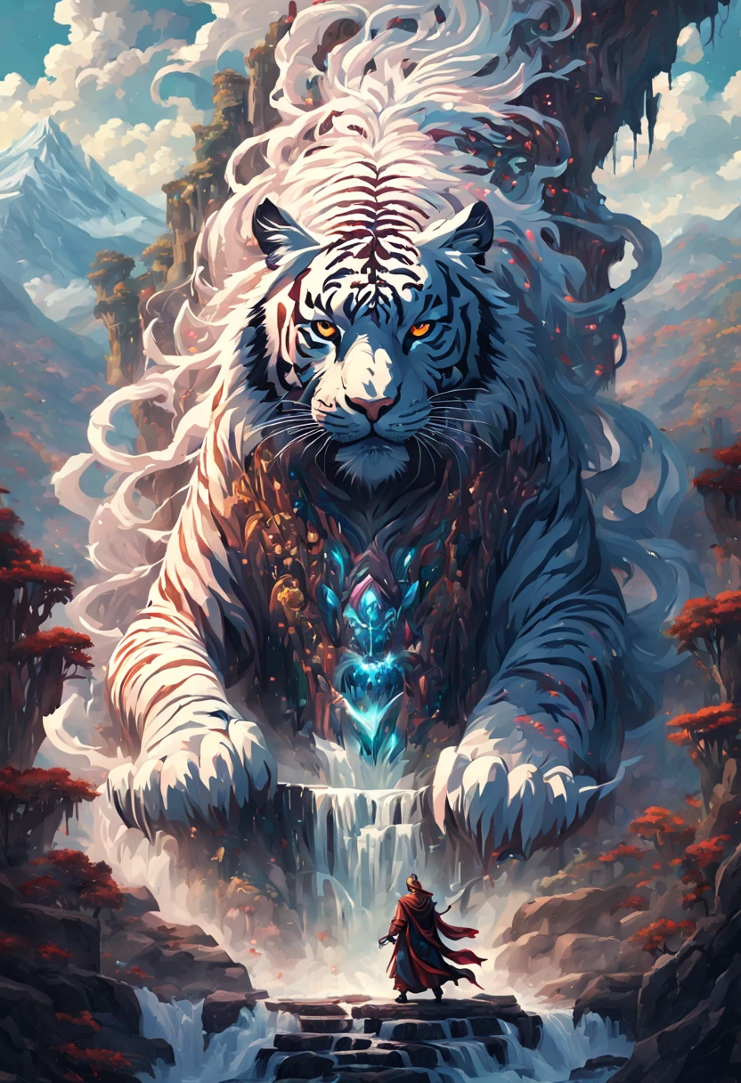 (pixel art:1.3), (solo:1.3), a mesmerizing fantasy scene where an ((anthropomorphic Tiger dark wizard)) sinister and captivating, wearing legendary robe adorned with intricate magical symbols, mystical landscape featuring majestic mountains, cascading waterfalls, ancient ruins, surround the turkey with ((swirling ominous magical energies emanating from its staff)), (best quality, masterpiece, Representative work, official art, Professional, unity 8k wallpaper:1.3)