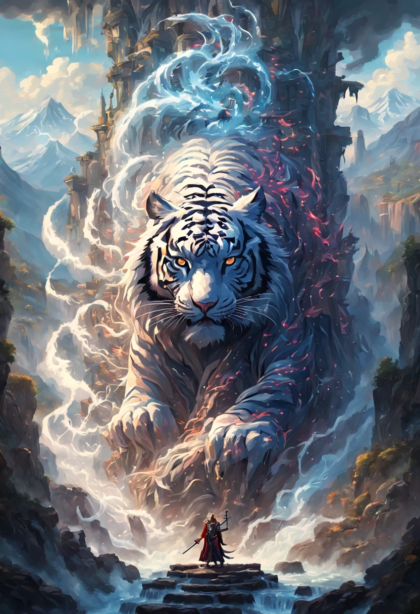 (pixel art:1.3), (solo:1.3), a mesmerizing fantasy scene where an ((anthropomorphic Tiger dark wizard)) sinister and captivating, wearing legendary robe adorned with intricate magical symbols, mystical landscape featuring majestic mountains, cascading waterfalls, ancient ruins, surround the turkey with ((swirling ominous magical energies emanating from its staff)), (best quality, masterpiece, Representative work, official art, Professional, unity 8k wallpaper:1.3)
