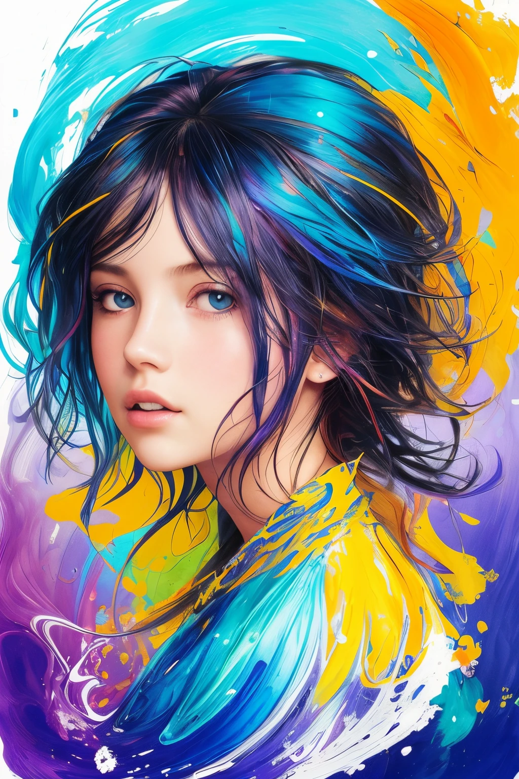 Colorful beautiful girl: a giru 8-, messy hair, oil painting, nice perfect face with soft skinice perfect face, blue yellow colors, light purple and violet additions, light red additions, intricate detail, splash screen, 8k resolution, masterpiece, cute face,artstation digital painting smooth veryBlack ink flow: 8k resolution photorealistic masterpiece: intricately detailed fluid gouache painting: by Jean Baptiste Mongue: calligraphy: acrylic: watercolor art, professional photography, natural lighting, volumetric lighting maximalist photoillustration: by marton bobzert:, complex, elegant, expansive, fantastical, wavy hair, vibrant