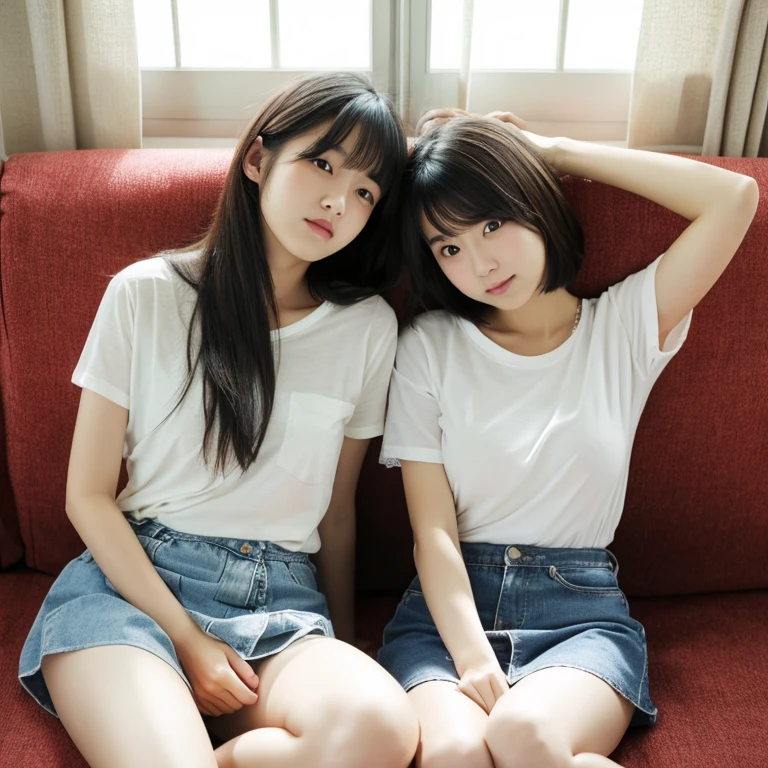 An ultra-high picture quality、Perfect Photo、japanes、20 year old beautiful girl in Japan、huge window、white t-shirts、Sleepy look、Lace curtains、dim room、Denim Mini Skirt、sit on sofa、2 girls in'Not similar..、one person has long hair、One person has short bob hair、Open mouth slightly、stare at each other、A little panties are visible、