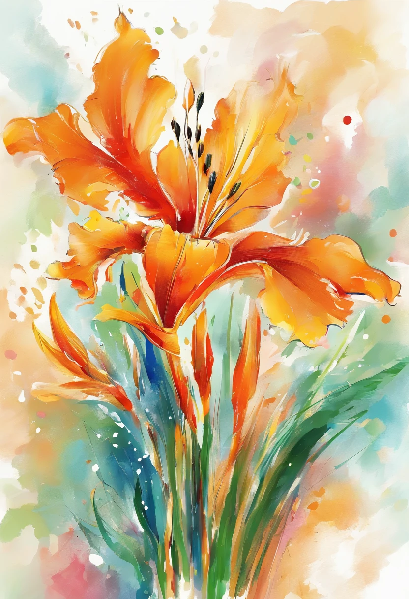 Draw an abstract painting of a single flower.,bright orange gladiolus flowers、use acrylic paint、Abstract artist known for his unique use of acrylic pouring, real brush strokes，aesthetic composition，Minimal style, powerful and bold strokes、exploratory shapes、The bright orange gladiolus symbolizes lively and exploratory energy.、express curiosity、The main colors of the work are bright and dynamic tones.、Add moist compacted sand、Enhances the texture and tactile elements of your artwork, While staring at this image, oot、Interaction of color and texture、Immerse yourself in a curious feeling、full of curiosity