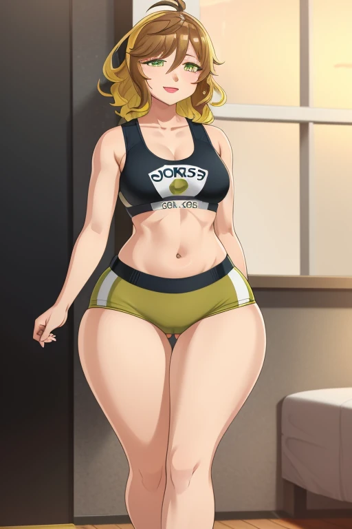 amicia michella - nijisanji, 1girl, brown short hair, yellow inner hair, wavy hair, green eyes, thin lips, painted lips, shy smile face, wide hips, thick thighs, huge round ass, shiny oily breasts, sports bra, full body, gym, nsfw
