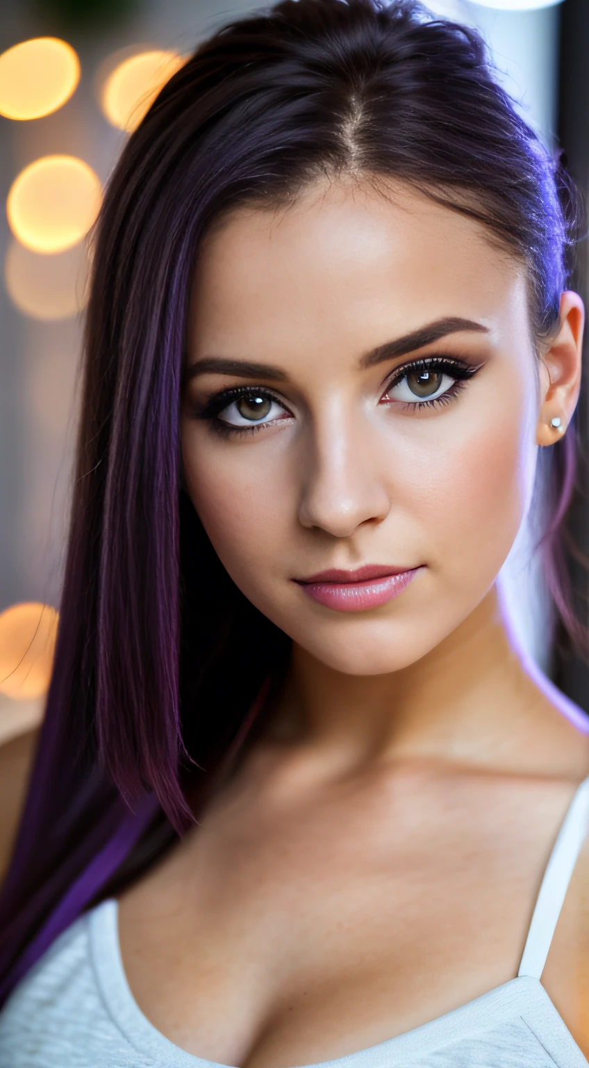 RAW photo of young English woman, color photograph, half body length from waist portrait, ((a realistic photo of a beautiful young 18yo girl)), light, ((glowy skin)), looking_at_viewer, (fit body:1.0), sexy, erotic pose, double ponytail, dark purple hair, wing eyeliner, dark make up, masterpiece, high quality, realistic, very detailed face, bokeh background