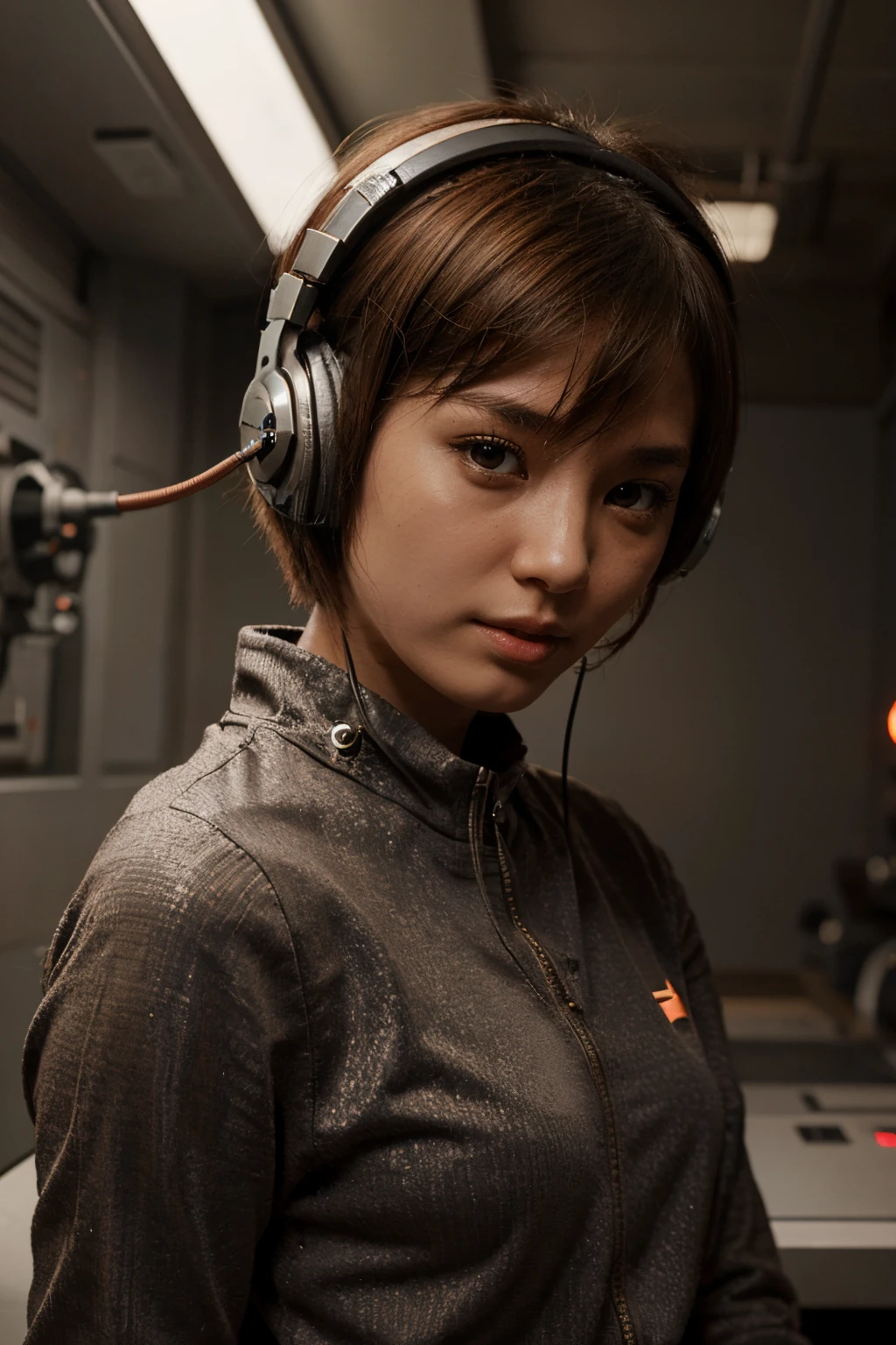 space fighter, Japanese girl, planet, wolf cut hair, headphone with microphone, red mesh in brown hair