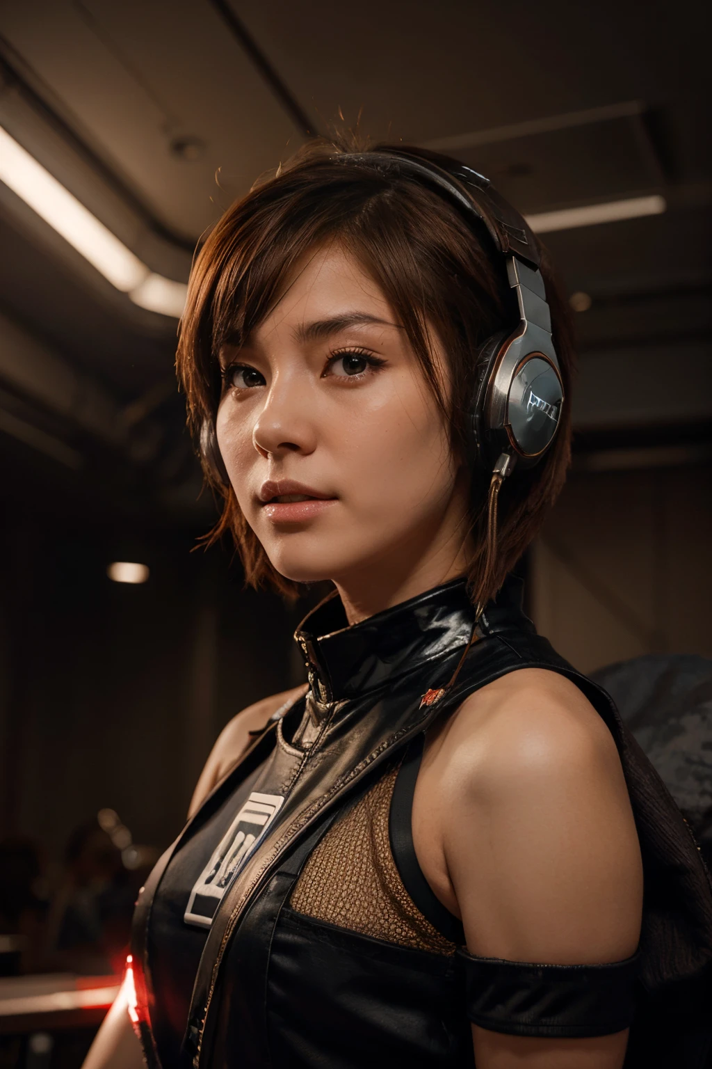 space fighter, Japanese girl, planet, wolf cut hair, headphone with microphone, red mesh in brown hair