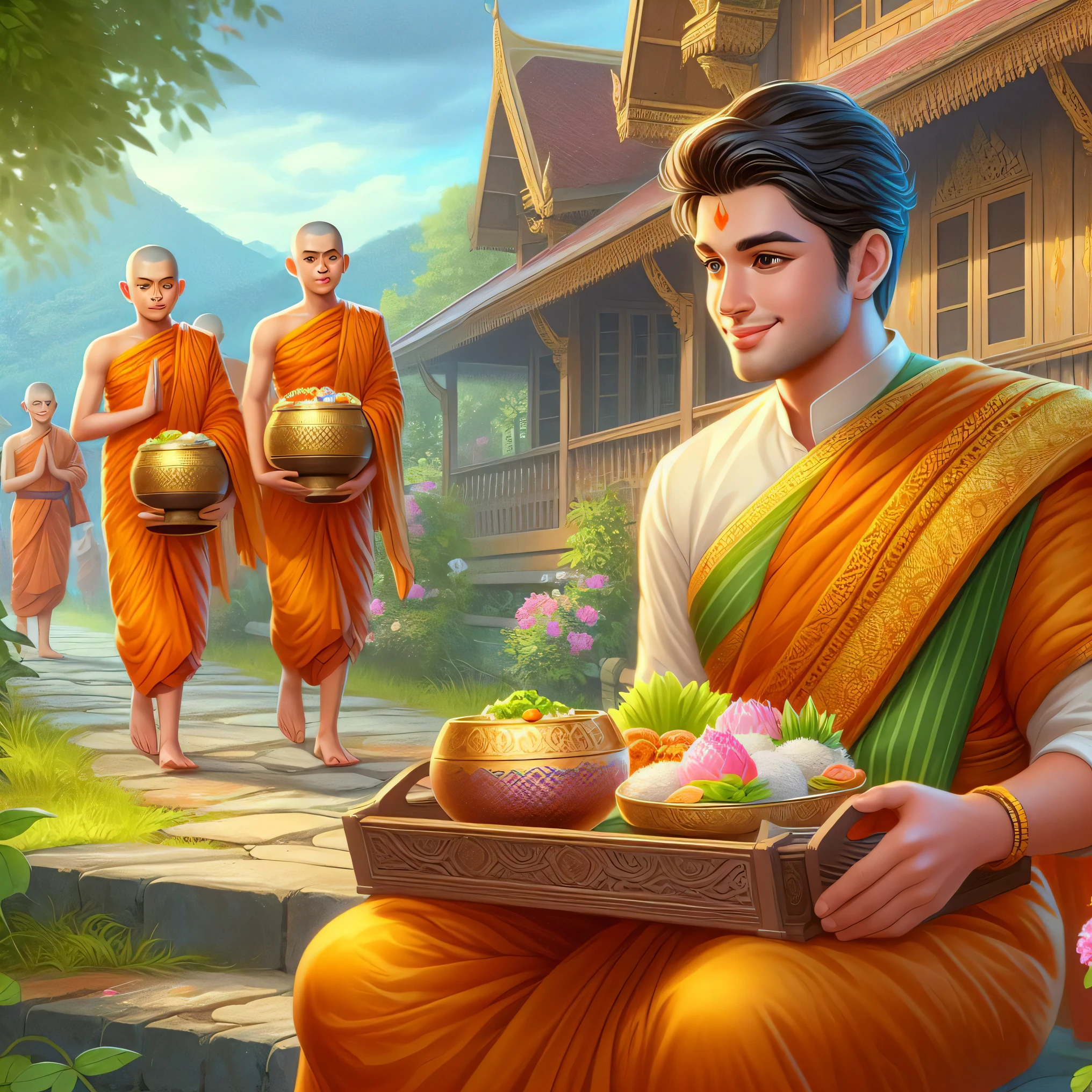 a close up of a person holding a tray of food, tithi luadthong, monk clothes, nivanh chanthara, on path to enlightenment, buddhist monk, temple background, thailand art, monk meditate, buddhism, on the path to enlightenment, patiphan sottiwilaiphong, portrait of monk, background artwork, beautiful avatar pictures