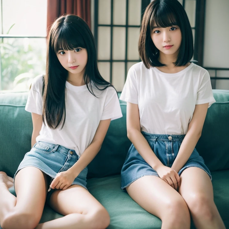 An ultra-high picture quality、Perfect Photo、japanes、20 year old beautiful girl in Japan、huge window、white t-shirts、Sleepy look、Lace curtains、dim room、Denim Mini Skirt、sit on sofa、2 girls in&#39;Not similar..、one person has long hair、One person has short bob hair、Open mouth slightly、stare at each other、A little panties are visible、