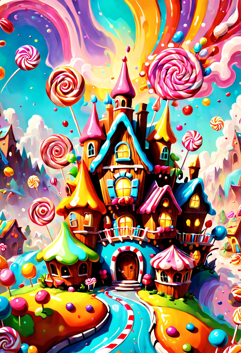 (candy theme Village:1.2), (colorful explosion psychedelic paint colors), shiny, candyland, sunshine bright light, candy Fountains, candy, honey, cookie, chocolate bar, gradients, dripping, glaze, beads, bloom, fairy, candy fairy tale, dreamy, Dreamscape, whimsical, hyperrealistic, children's picture book, fantasy art, full background, enhance, intricate, (best quality, masterpiece, Representative work, official art, Professional, unity 8k wallpaper:1.3)