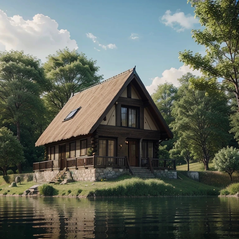 Generate a house on the Hill near the River with the ceramic roof in old village style realistic for Poland cottage house.