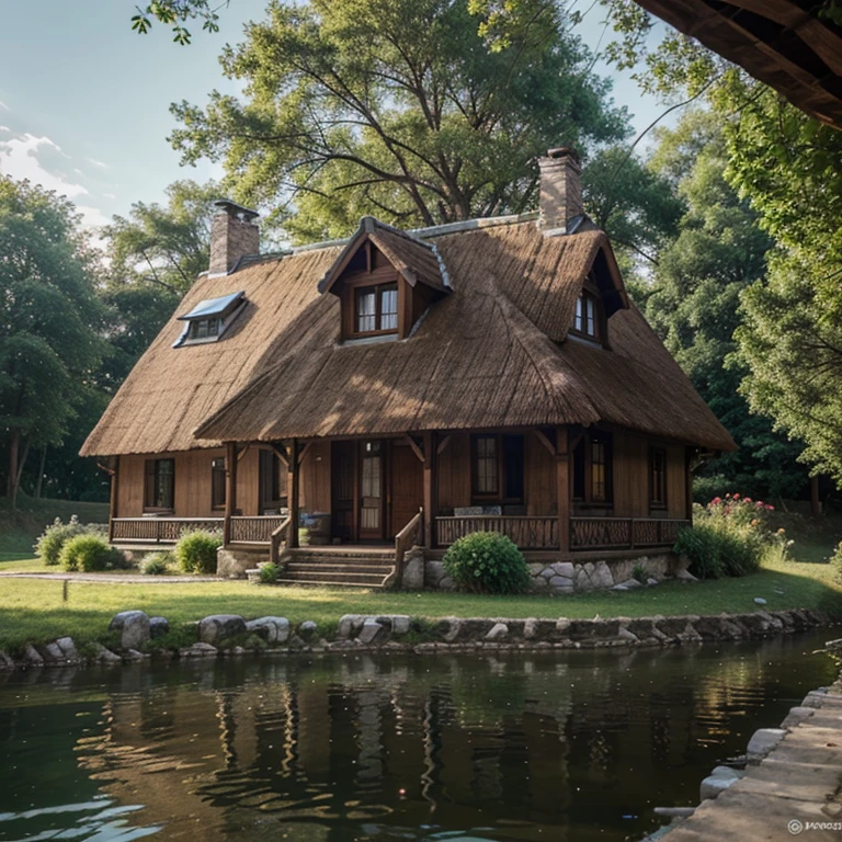 Generate a house on the Hill near the River with the ceramic roof in old village style realistic for Poland cottage house.