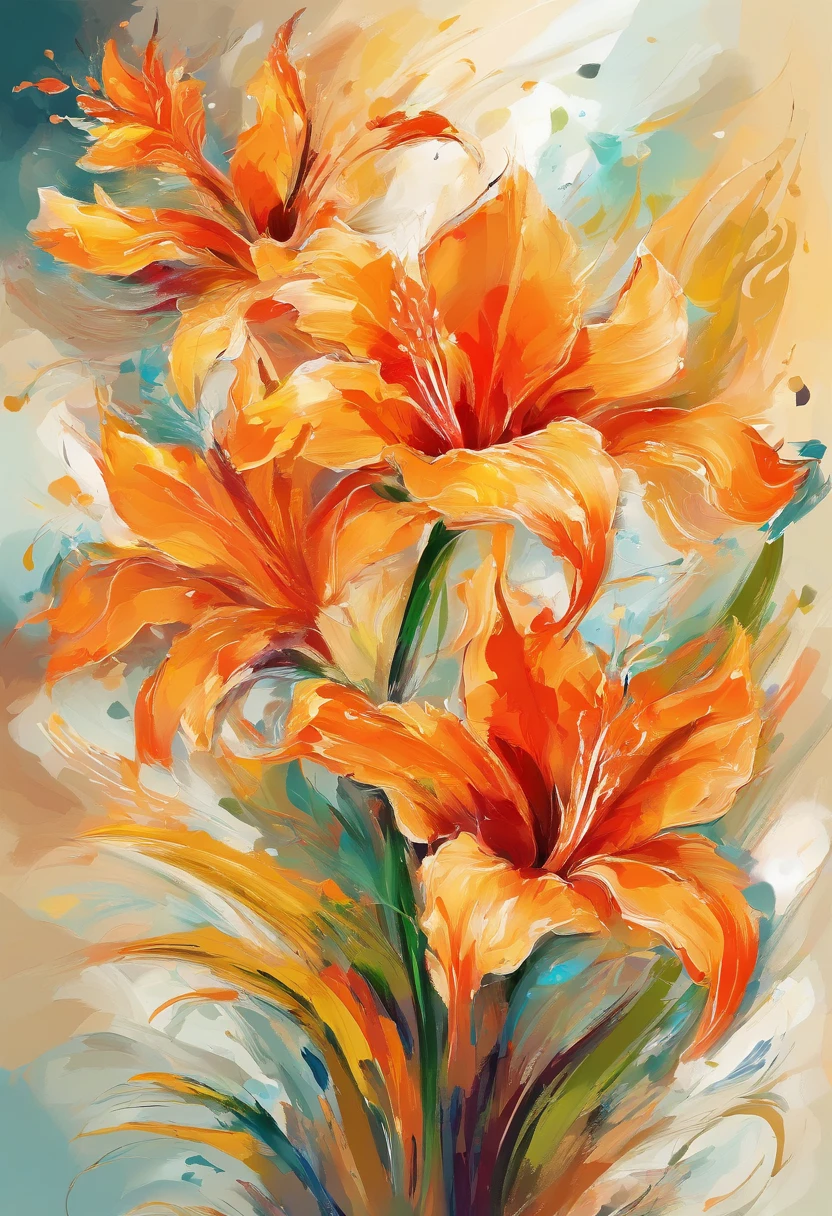 Draw an abstract painting of a single flower.,bright orange gladiolus flowers、use acrylic paint、Abstract artist known for his unique use of acrylic pouring, real brush strokes，aesthetic composition，Minimal style, Exploratory shapes with strong, bold strokes、bright orange gladiolus、Symbolizes active and searching energy。.、express curiosity、The main colors of the work are bright and dynamic tones..、Add moist compacted sand、Enhances the texture and tactile elements of your artwork, While staring at this image, oot、Interaction of color and texture、Immerse yourself in the mysterious sensation、Be curious