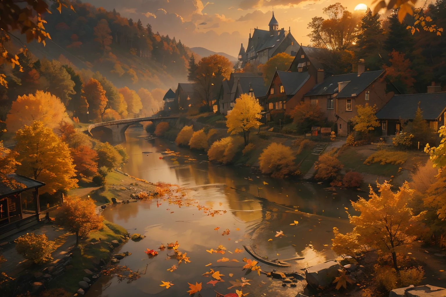 Create captivating autumn depictionairy Village:1,5),autumnal,eventide,riverbank,Scenic beauty,A place where nature and technology live in harmony,Let this artwork transport the viewer to another world, Old and new intertwined,Form captivating photos of nostalgia and innovation