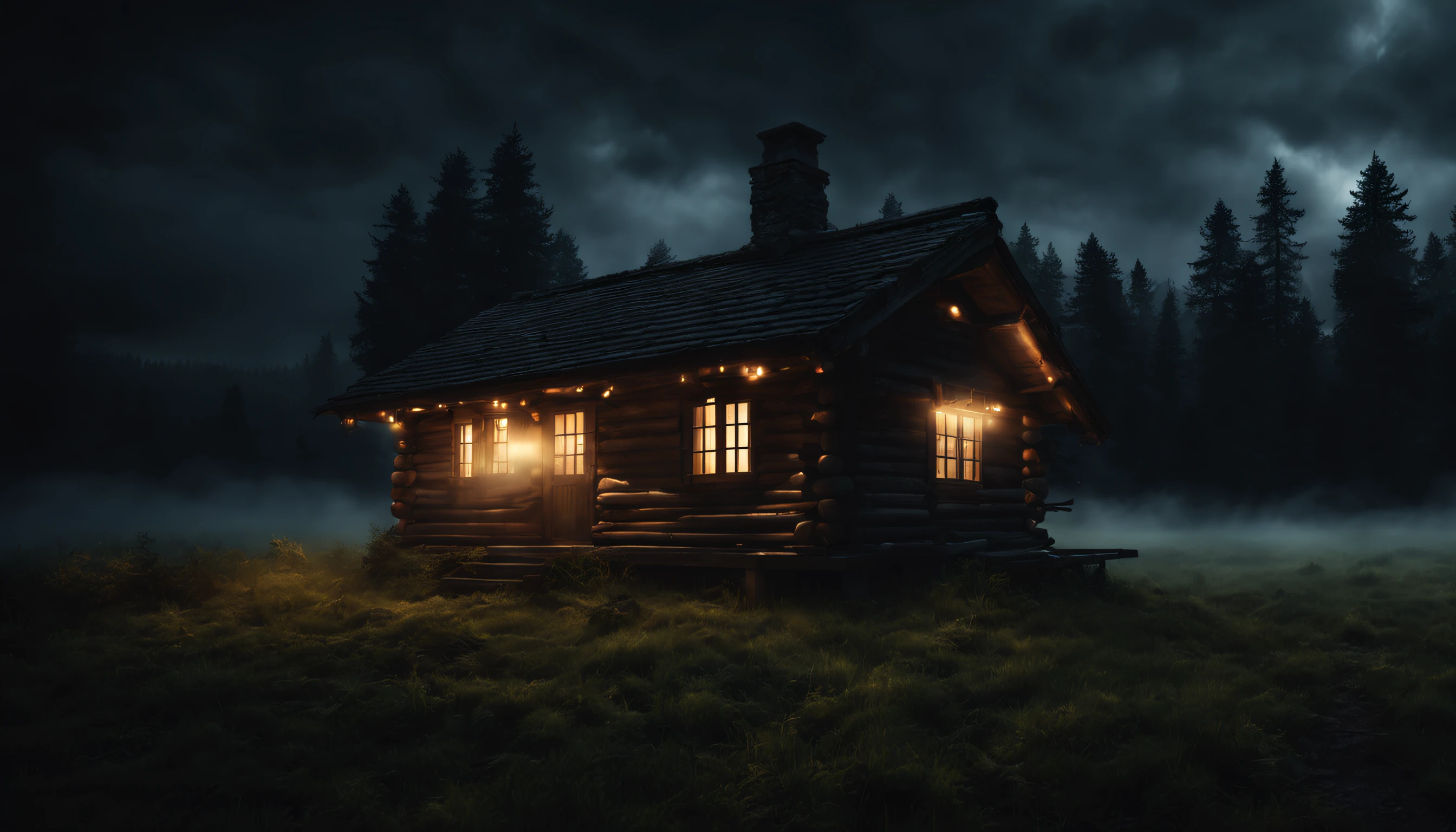 create a photo of a realistic cabin in an open forest at night with lights on, showing a cloudy sky surrounded by dark storm clouds, Fotografia 4k, dark scenery with lots of fog, solo molhado, tempo chuvoso, UHD