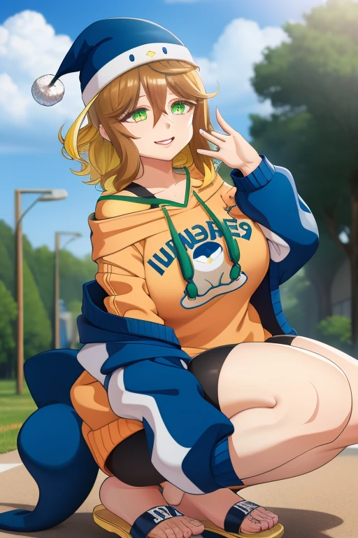 amicia michella - nijisanji, 1girl, brown short hair, yellow inner hair, wavy hair, green eyes, thin lips, painted lips, shy smile face, wide hips, thick thighs, huge round ass, shiny oily breasts, long sleeves, jacket, shorts, hood, off shoulder, hoodie, black shorts, sandals, bike shorts, blue headwear, drawstring, orange hoodie, hat, full body, gym, nsfw