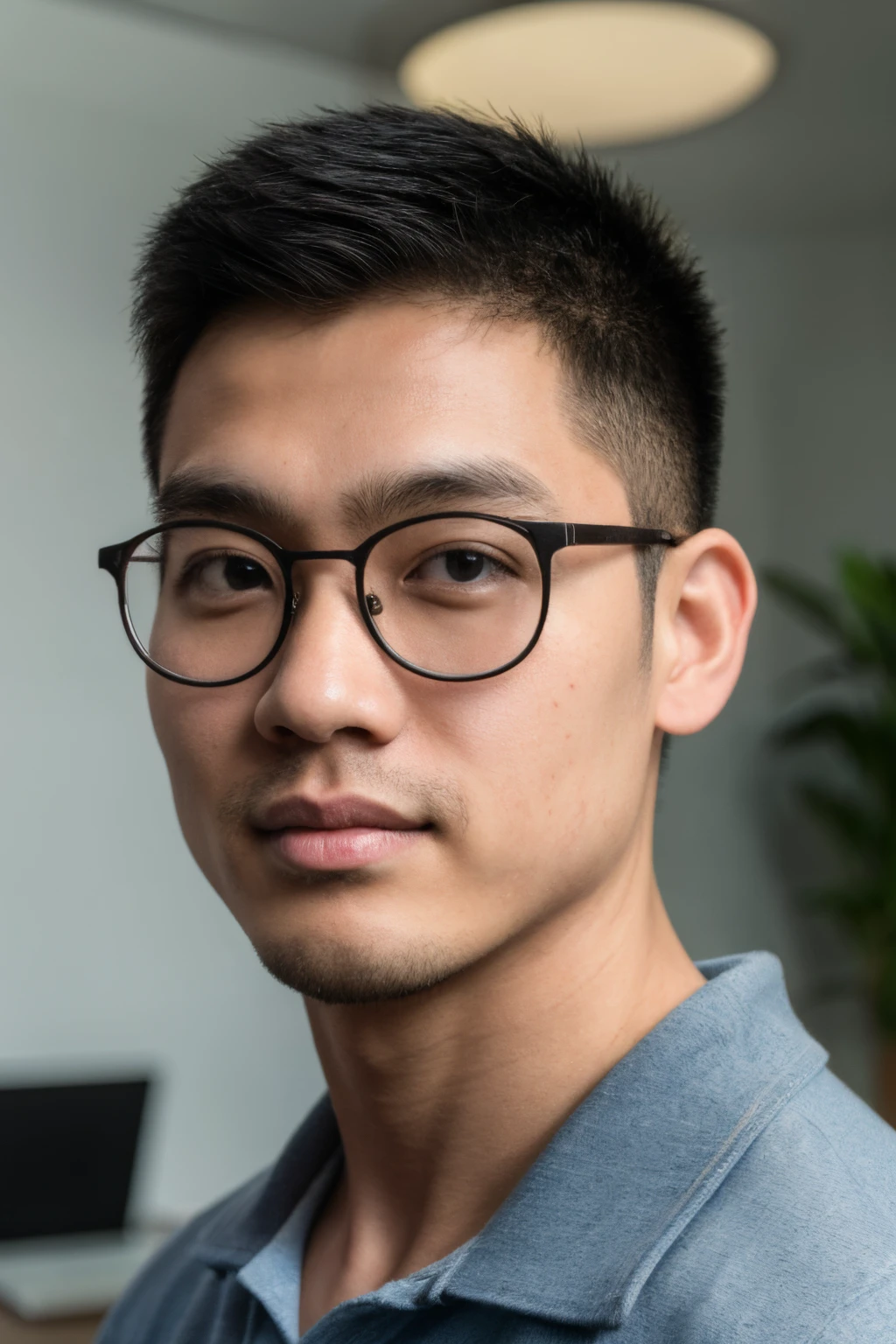 Andrew thomas huang, oval face, eyeglasses, polo shirt, jeans, office