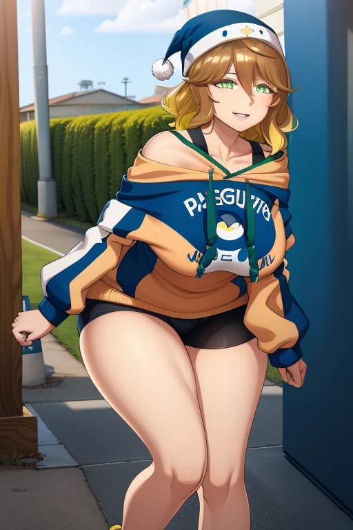 amicia michella - nijisanji, anime style, 1boyl, brown short hair, yellow inner hair, wavy hair, green eyes, detailed eyes, midriff, girly face, seductive, thin lips, painted lips, shy smile face, wide hips, thick thighs, huge round ass, medium breast, full body, dynamic pose, night pool, nsfw