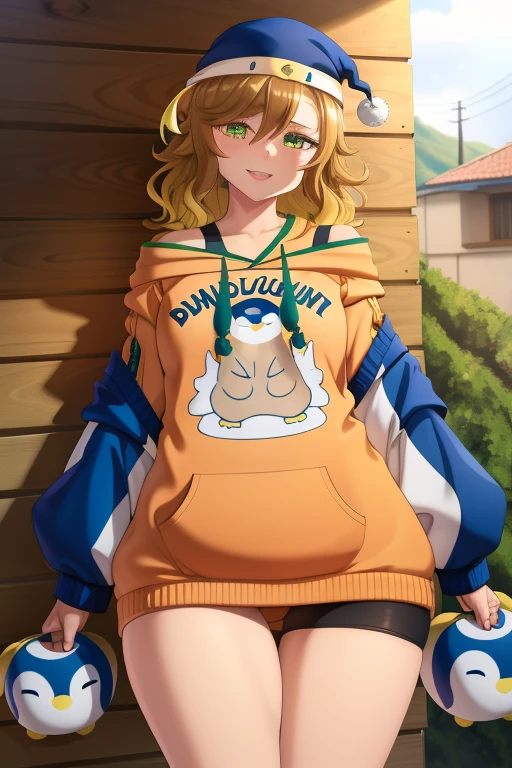 amicia michella - nijisanji, 1girl, brown short hair, yellow inner hair, wavy hair, green eyes, detailed eyes, thin lips, painted lips, shy smile face, wide hips, thick thighs, huge round ass, shiny oily breasts, long sleeves, jacket, shorts, hood, off shoulder, hoodie, black shorts, sandals, bike shorts, blue headwear, drawstring, orange hoodie, hat, full body, gym, nsfw