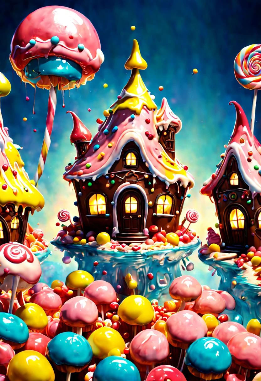 (candy theme Village:1.2), (colorful explosion psychedelic paint colors), shiny, candyland, sunshine bright light, candy Fountains, candy, honey, cookie, chocolate bar, gradients, dripping, glaze, beads, bloom, fairy, candy fairy tale, dreamy, Dreamscape, whimsical, hyperrealistic, children's picture book, fantasy art, full background, enhance, intricate, (best quality, masterpiece, Representative work, official art, Professional, unity 8k wallpaper:1.3)
