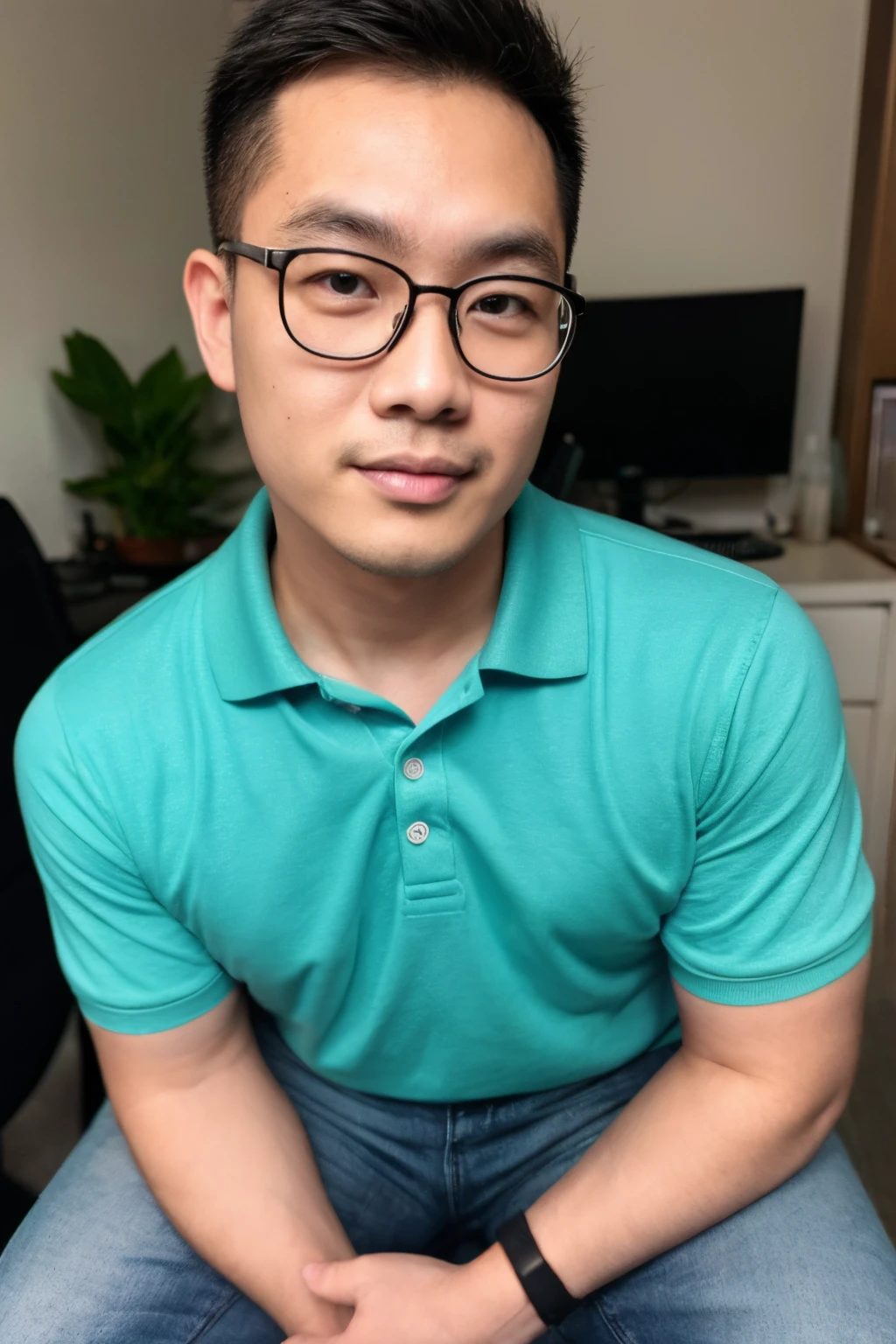 Andrew thomas huang, oval face, eyeglasses, polo shirt, jeans, office