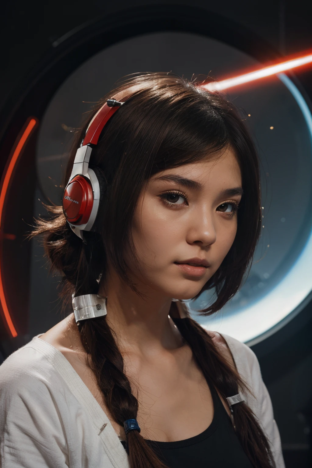 space fighter, Japanese girl, planet, wolf cut hair, headphone with microphone, half red brown hair