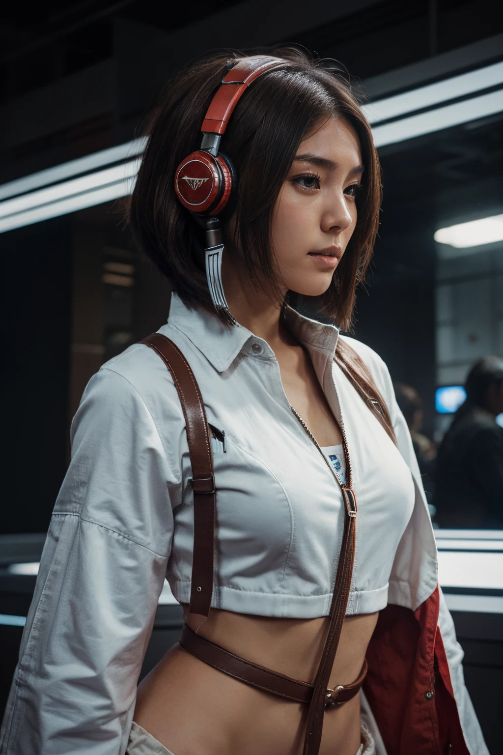 space fighter, Japanese girl, planet, wolf cut hair, headphone with microphone, half red brown hair