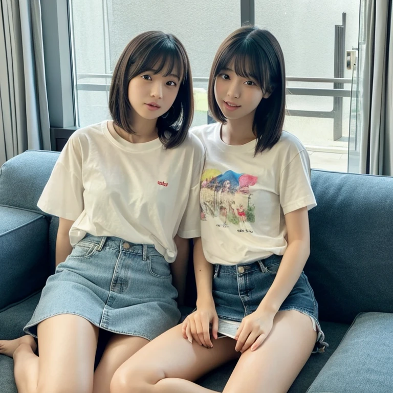 An ultra-high picture quality、Perfect Photo、japanes、20 year old beautiful girl in Japan、huge window、white t-shirts、Sleepy look、Lace curtains、dim room、Denim Mini Skirt、sit on sofa、2 girls in'Not similar..、one person has long hair、One person has short bob hair、Open mouth slightly、stare at each other、A little panties are visible、