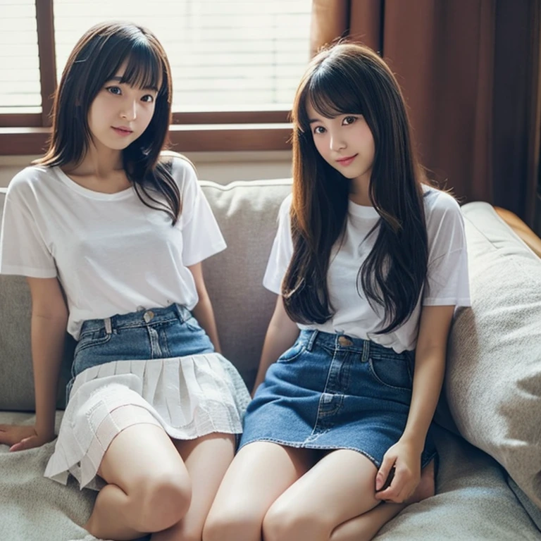 An ultra-high picture quality、Perfect Photo、japanes、20 year old beautiful girl in Japan、huge window、white t-shirts、Sleepy look、Lace curtains、dim room、Denim Mini Skirt、sit on sofa、2 girls in&#39;Not similar..、one person has long hair、One person has short bob hair、Open mouth slightly、stare at each other、A little panties are visible、