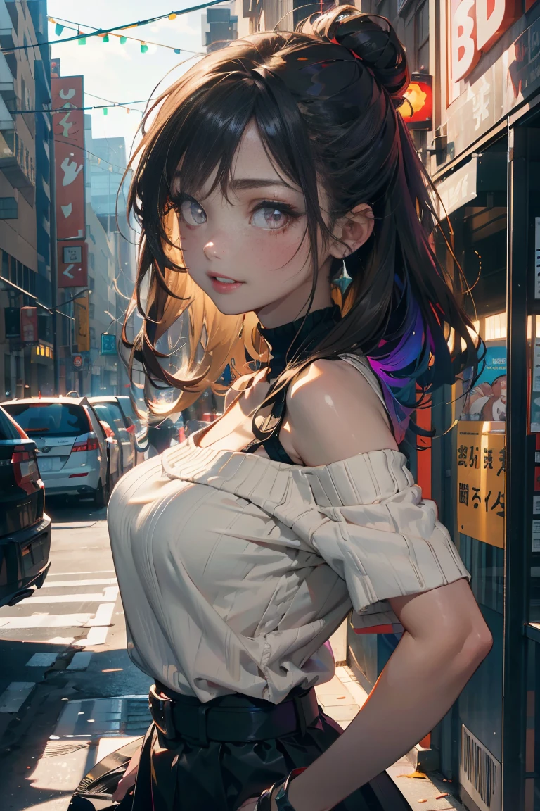 a 20 yo woman、Black blue Hair、poneyTail、Bun hair、Big smile、iridescent eye op fade:1.3)、dark themed、Muted Tones、Subdued Color、highly contrast、(natural skin textures、Hyper-Realism、Soft light、sharp)、8K、​masterpiece、 top-quality、The ultra -The high-definition、Top resolution、ighly detailed、Background with、Modern City、Skyscraper、main street、Professonal lighting、电影灯光、extremely details CG、On the side of the street、Holographic Signals、sign、Wide View、Sharp Noor&#39;s body pose、Angular focus from behind、Turning Pose、de pele branca、Beautuful Women、23years old、(A detailed eye、Almond Eye、brown right pupil、Gradient Eyes:1、finely detailed beautiful eye:1、Symmetrical eyes:1、big highlight on eyes:1.2)、(Red-brown hair、Bob Hair、The non-target hair on the left and right is disordered.)、(long  skirt、with a belt、long court、Sweater off-shoulder 、beige colors、Hand-knitted neck muffler)、Beautiful long and thin hip line、Beautiful spine、constricted back、Toned waist、Hip line emphasis、cheeks are a little red、beutiful breast、Breast is an A cup) 、(Round face: 1.4)、(Fine fingers、detailed arms、detailed human hands)、laughter half open、teeth showing、Beautiful hip line