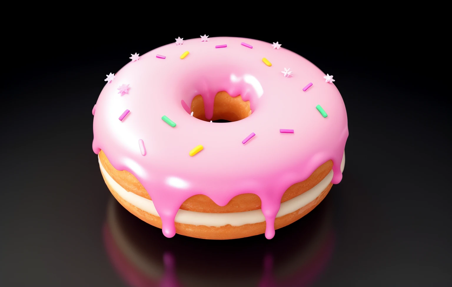 There  a pink donut，sprinkled with powdered sugar, Pink Frosted Donuts, blender donut, doughnut, Glossy digital painting, 3D icon, Super realistic food pictures, Amazing food illustration, detailed digital painting, glazed, Sweet, Glossy paint, illustration