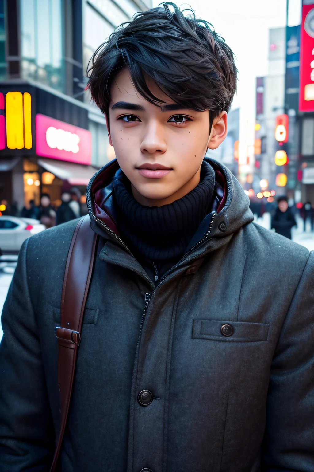 Photorealsitic, 8k full-length portraits, a handsome, Male, 17 years old, Gentle expression, TOKYOcty, Winters, The background is Shibuya