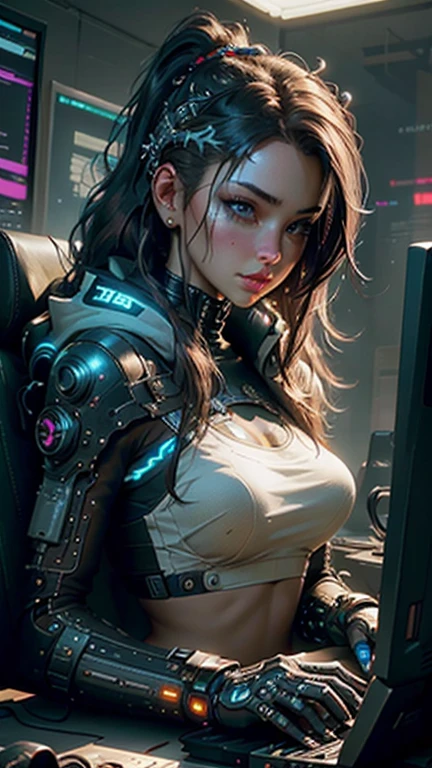 ((Best quality)), ((masterpiece)), (highly detailed:1.3), 3D, beautiful (cyberpunk:1.3) female hacker with thick voluminous hair operating a computer terminal, computer servers, LCD screens, fibre optic cables, corporate logos,HDR (High Dynamic Range),Ray Tracing,NVIDIA RTX,Super-Resolution,Unreal 5,Subsurface scattering,PBR Texturing,Post-processing,Anisotropic Filtering,Depth-of-field,Maximum clarity and sharpness,Multi-layered textures,Albedo and Specular maps,Surface shading,Accurate simulation of light-material interaction,Perfect proportions,Octane Render,Two-tone lighting,Low ISO,White balance,Rule of thirds,Wide aperature,8K RAW,Efficient Sub-Pixel,sub-pixel convolution,luminescent particles,