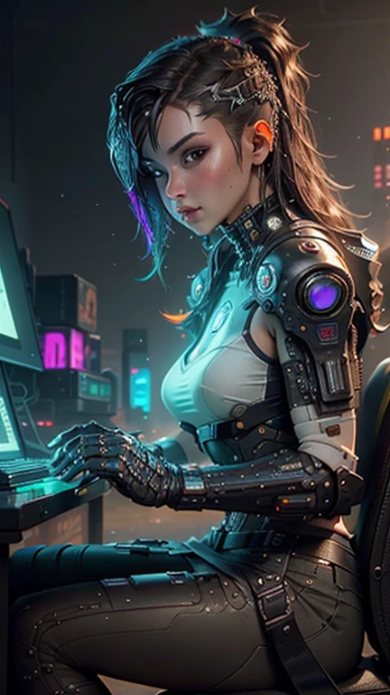 woman with a flower in her hair, holding a katana in her hands, working at a computer, making a presentation on a laptop, hacker, full body, tall body, cyberpunk colors, cyberpunk geisha, cyberpunk photo, cyberpunk art style, professional concept art, realistic anime, perfect composition, bright brush, smooth, clear focus, illustration, ultra-detailed, intricate details, global lighting, oil on canvas, author Greg Rutkowski --auto --s2