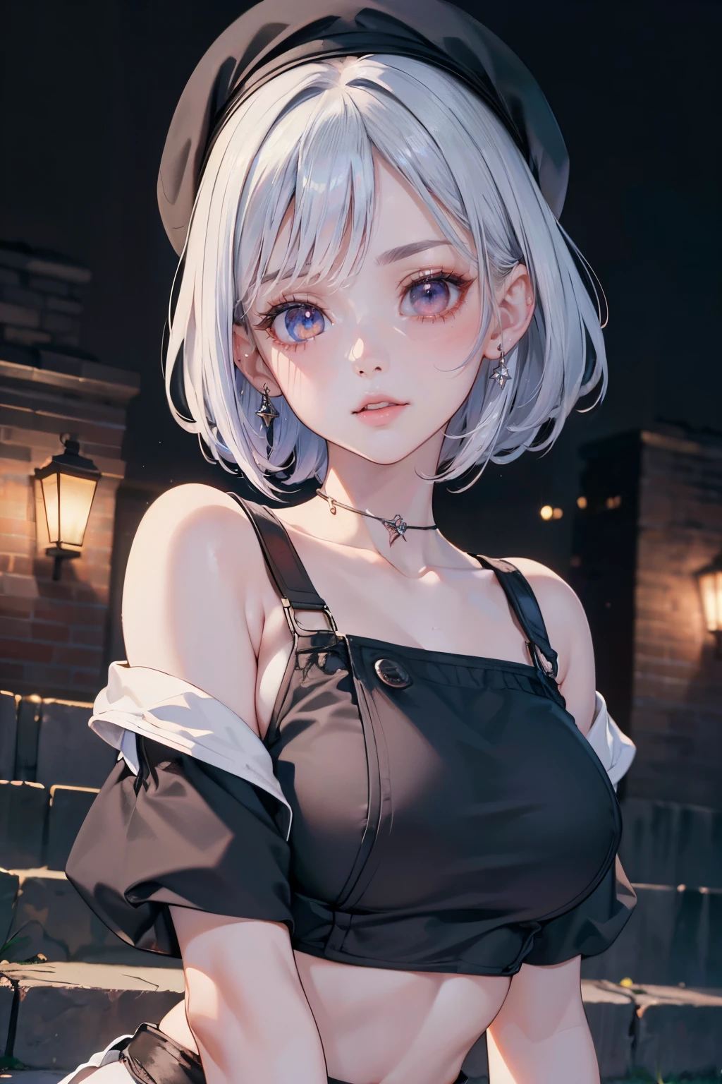 (top quality, masterpiece:1.5, ultra HD), Illustration, beautiful caucasian woman, ((asymmetrical hair)), short silver hair, bangs, ((red checked beret cap)), pale white skin, ((symmetrical eyes)), (long eyelashes), detailed eyebrows, (detailed eyes), (thin round glasses), glossy lips, ((black off-shoulder jacket)), (net bra), slightly visible cleavage, (collarbone), (makeup), brick wall background, dynamic pose, night view, (spotlight), dim lighting, ultra-detailed, (highres:1.5), blurry_background, sharp focus, intrinsic detailed, aesthetic outdoors, 8k, (detailed face), ((aesthetic portrait)), ((detailed face)), ((symmetrical eyes)), ((detailed eyes)), ((detailed face)