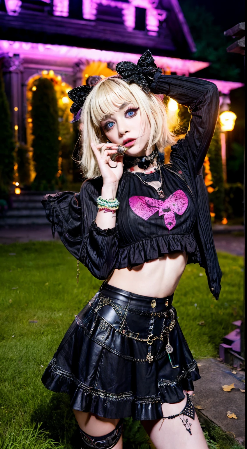 (Ultra-detailed eyes), (((textile shading))), (((Best Quality))), (((masterpiece))), (((Ultra-detailed CG))), sassy girl, (((magical little girl))), (Petite), (tiny chest), blonde hair, blonde hair, blondf hair, blonde hair ((ponytail hair, gorgeous hair)), Spooky Season In Punk outfit, Spooky Season In Punk outfit, vibrant Spooky Season In Punk scene, Spooky Season In Punk, Spooky Season In Punk ambiance, Spooky Season In Punk at the front of haunted house:0.2 Spooky Season In Punk image of a women Spooky Season In Punk outfit, immersed in the vibrant atmosphere of a front haunted house. His attire reflects the fashion trends of the Spooky Season In Punk. The Spooky Season In Punk haunted house scene alive with pulsating lights, a lively haunted house, The Spooky Season In Punk ambiance transports viewers back to the spooky and punk era, capturing the spirit of spooky and punk, and self-expression that defined the Spooky Season In Punk culture. heart panel baby tee, black pleated mini skirt, pastel color