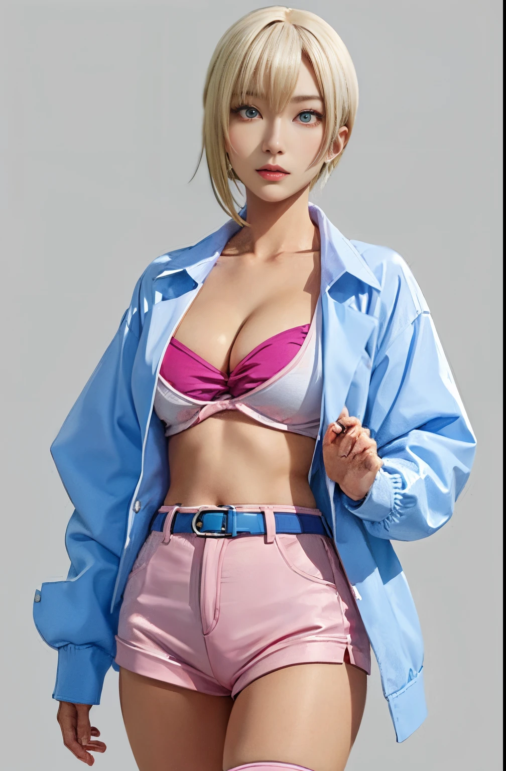 (masutepiece, Best Quality) Detailed, 1character , Blue Archive Art Style , wearing a  blue jacket, Pink belt , Outfits inspired by BLACKPINK, croptop,stunning woman , Short hair , Blonde hair , Orange Eyes , no pupils , Pink lips , pale skin , ￼26 years old, 
 , pastel color fading , Cell shade ,