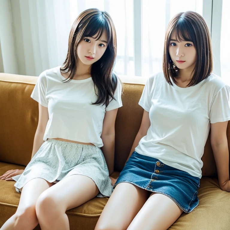An ultra-high picture quality、Perfect Photo、japanes、21 year old beautiful girl from Japan、huge window、white t-shirts、Sleepy look、Lace curtains、dim room、Denim Mini Skirt、sit on sofa、2 girls in'Not similar..、one person has long hair、One person has short bob hair、Open mouth slightly、stare at each other、A little panties are visible、