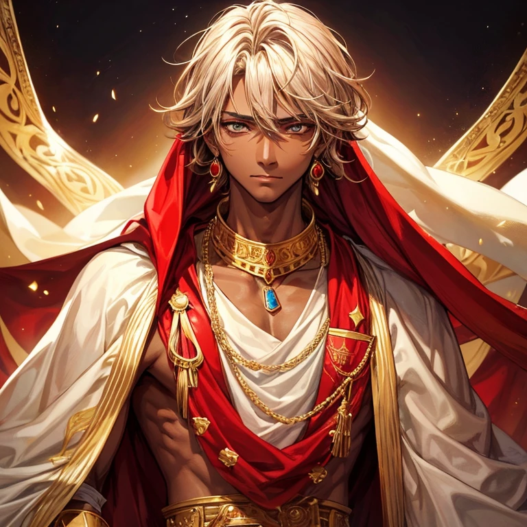 A prince from a desert kingdom. He has dark tan skin and sandy colored hair. He has golden eyes as well as several golden jewelry chains adorning his face and neck. He is draped mainly in loose cloth of red and white colors.