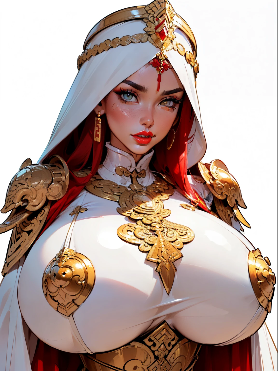 ((Upper body view:1.3)), ((masterpiece)),(((best quality))), ((futuristic empress, mature face, ((middle eastern eyes:1.4)), ((gold futuristic gown)), (((intricate futuristic breastplate))), defined cheekbones, high cheekbones, intricate lingerie, bear aesthetic, beautiful model of Asia, illustration, muscular, ((future gold:1.4)), sexy bimbo, (gigantic breasts:1.7) red hair, ((detailed face:1.4)) beautiful woman, (Chinese:1.4) (white skin:1.4) , (red lipstick:1.4), shiny skin, ((skindentation)), scribbles and marks,(puffy lips:1.4) ,  (Shibuya Street at night: 1.5), (Shibuya Street at night: 1.5), rough sketches, pose, 8k,16k, ( background, white background: 1.3) ((warm color palette)), ((future model aesthetic))