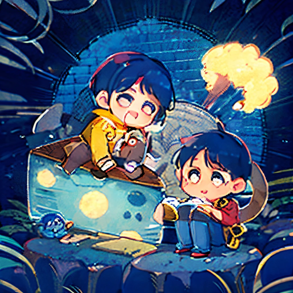 Two  boys，Wearing denim overalls,One wears a little yellow hat on his head,Cat ears on one head
